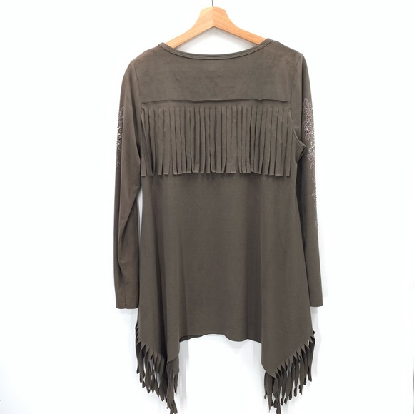 Vocal Faux Suede Long Sleeve Studded Fringe Shark Bite Tunic Top Size Medium - Picture 5 of 12